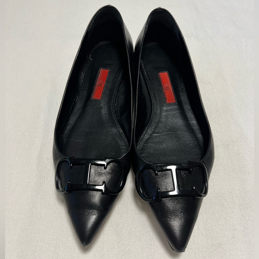 Carolina Herrera Black Flats with Buckle Accent